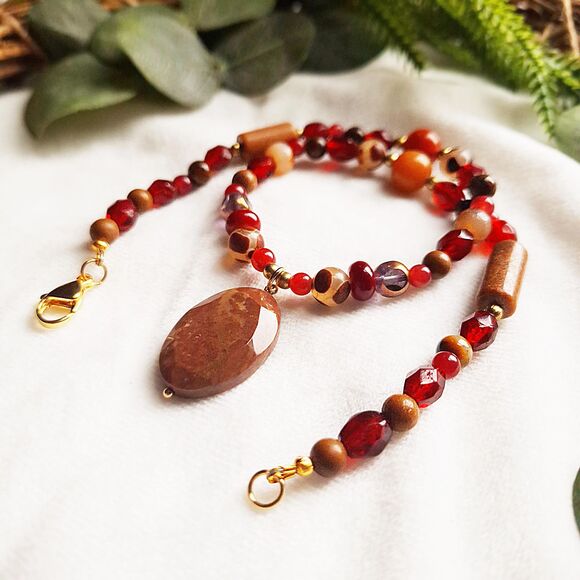 Brown Jasper & Red Jade Beaded Pendant Necklace - 24k Gold Plated Stainless - Picture 14 of 16